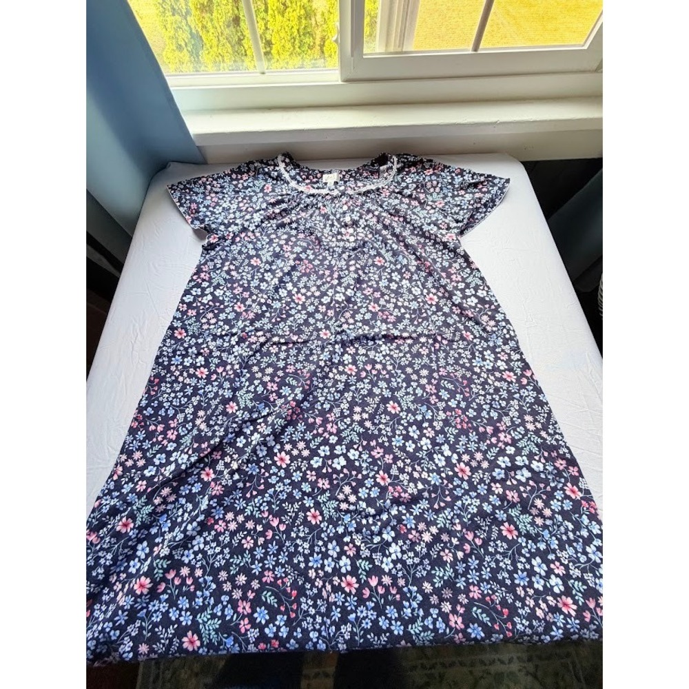 Aria Collection Navy Blue Floral Cotton Nightgown Lace Trim Short Sleeve XL